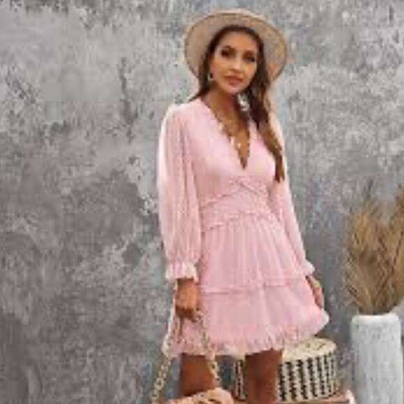 Pink Clip Dot Faux Wrap Mini Dress Size Small Ruffle Babydoll Open Back Dress - Picture 16 of 16